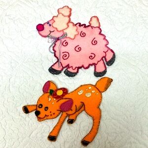 Vintage sewing notion appliqués, felt with stitching, pink lamb & orange deer